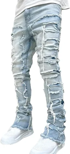 GDJGTA Jeans apilados para hombre, ajustados, rasgados, elásticos, desgastados, rectos, pantalones de mezclilla estilo hip hop, ropa de calle