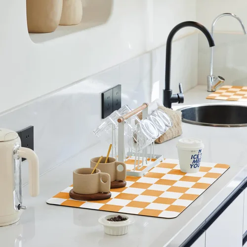 Miniatura 13 de Ohocut Tapete de secado de platos a cuadros para encimera de cocina, accesorios de estación de cafetería, estética, retro, moderna, absorbente