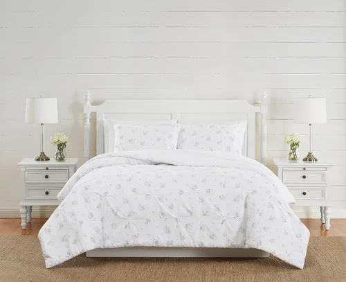 The Farmhouse by Rachel Ashwell - Juego de edredón de 2 piezas individual/individual XL - Colección de ropa de cama Signature Rosebury, blanco/rosa