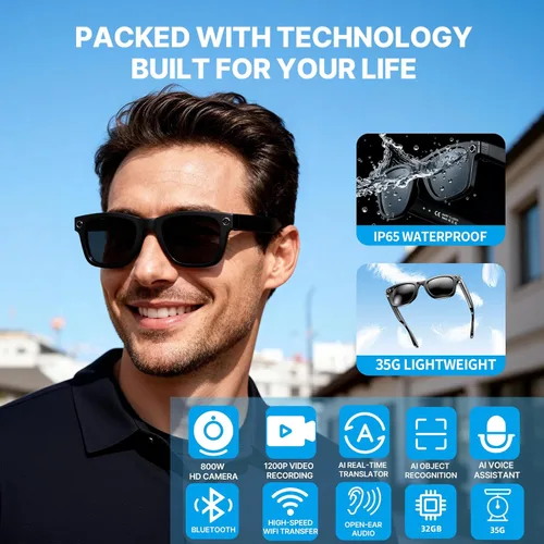 Miniatura 2 de Lentes inteligentes AI con cámara, 8MP estabilizado 1200P HD grabación de video HD, UV400 gafas de sol deportivas al aire libre con audio Bluetooth