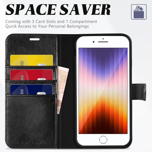 Miniatura 3 de TUCCH Funda tipo cartera para iPhone SE 2022/SE 2020/iPhone 8/7, tarjetero con función atril de piel sintética, magnética, funda protectora de Negro