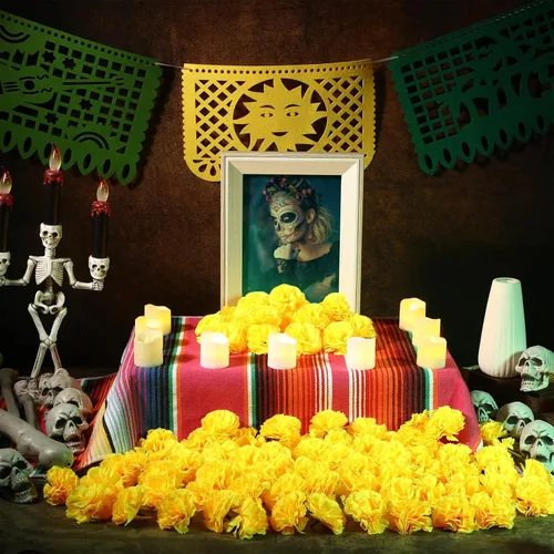Miniatura 6 de Funtery 50 cabezas de flores de caléndula a granel, decoración del día de los muertos, decoración de altar de ofendas, día de muertos, 9 piezas