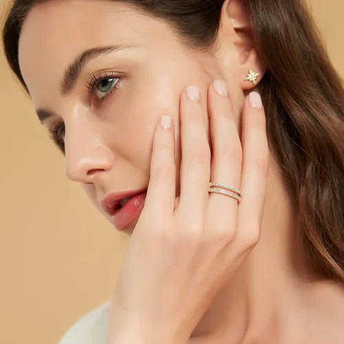 Miniatura 4 de Mameloly Alianzas de boda para mujer, delicadas circonitas cúbicas de media eternidad, apilables, refuerzo de compromiso, doble anillo tamaño 4-12