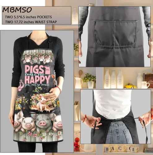 Miniatura 3 de MBMSO Divertidos regalos de cerdo, delantal de barbacoa para amantes de los cerdos, regalos de cerdos Make Me Happy Pig Delantal con bolsillos BBQ