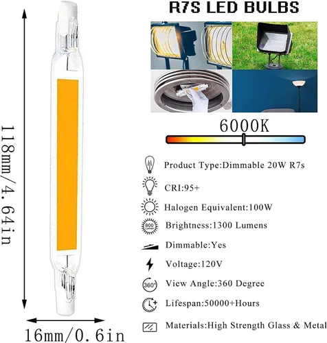 Miniatura 6 de R7s - 2 bombillas LED de 20 W, regulables, luz COB de 200 W, bombillas halógenas equivalentes a súper brillo, luces LED de doble extremo