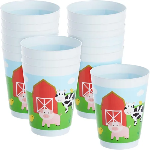 BLUE PANDA Paquete de 16 tazas de plástico de animales de granja, corral para suministros de fiesta de cumpleaños (16 onzas)