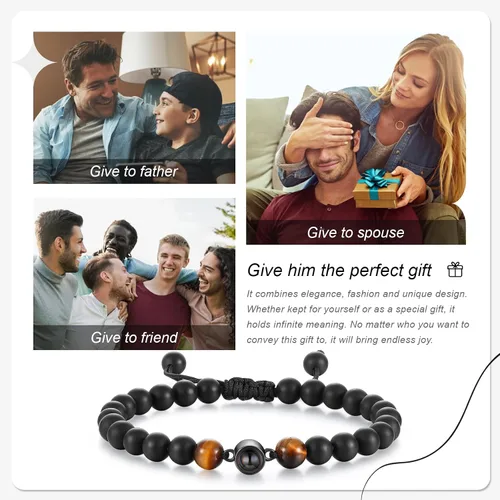 Miniatura 8 de Pulsera de cuentas de ojo de tigre personalizada con imagen, proyección de fotos personalizada para hombres y mujeres
