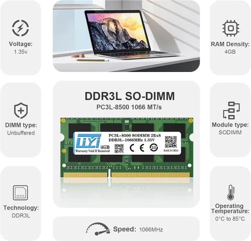 Miniatura 4 de LIYI DDR3L 4GB RAM Individual 1066MHz PC3 PC3L-8500 CL7 1.35V DRAM de Baja Tensión SO-DIMM DDR3L RAM 204-Pin 2Rx8 Doble Rango Sin Búfer No-ECC