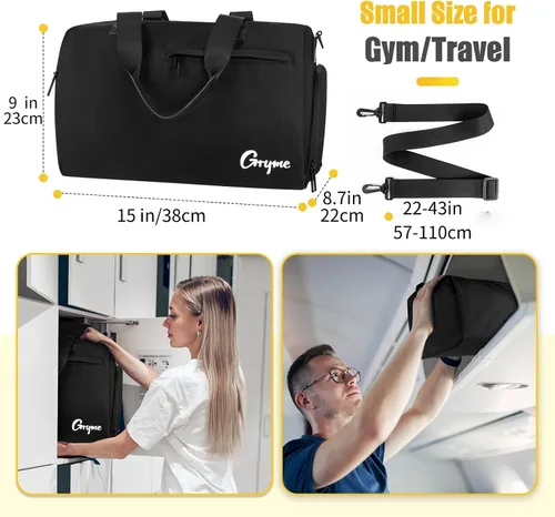 Miniatura 2 de Gryme Bolsa de gimnasio pequeña de 15 pulgadas con compartimento para zapatos y bolsillo húmedo, mini bolsa de lona para hombres y mujeres, pequeña