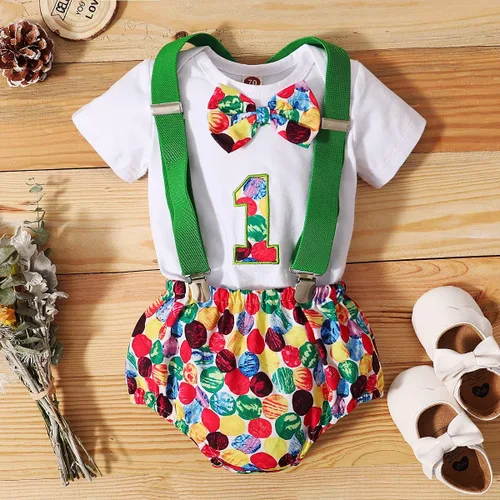 Miniatura 21 de IDOPIP Traje formal para bebé niño para el primer cumpleaños de Cake Smash con corbatín y tirantes y pantalones cortos para sesión de fotos