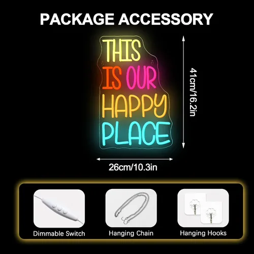 Miniatura 5 de NOSUN Letrero de neón con texto en inglés «This is Our Happy Place» para decoración de pared, letras coloridas y alegres, luces LED de neón con USB