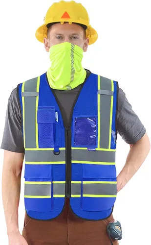AYKRM 11 color alta visibilidad reflectante chaleco de seguridad para mujeres hombres bolsillo cremallera ANSI/ISEA estándar Azul (Blue Mesh)