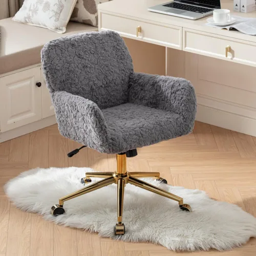 Miniatura 17 de Silla de escritorio giratoria peluda, silla de oficina tapizada de tela de peluche blanca, silla de tocador con ruedas ajustable en altura