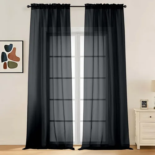 Miniatura 31 de LIVEKID Cortinas traslúcidas negras de cocina de 36 pulgadas de largo, cortinas cortas filtrantes de luz, 2 paneles de gasa aireada, texturizadas