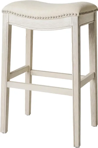 Miniatura 36 de Maven Lane Adrien Taburete de bar sin espalda, asiento de silla de montar de 31 pulgadas con reposapiés, marco de madera maciza gris y tapicería