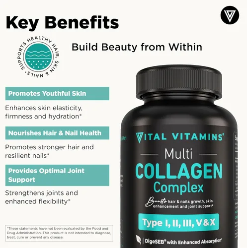 Miniatura 6 de Vital Vitamins Cápsulas de colágeno múltiple de 150 unidades + cápsulas de apoyo solar