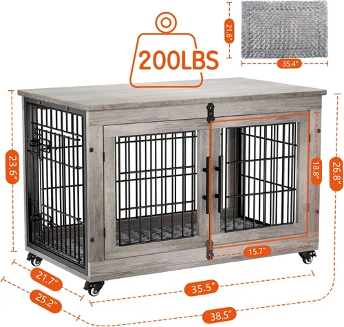 Miniatura 5 de Lulive Muebles de Jaula Grande para Perros, Mesa Auxiliar de Jaula para Perros de Madera de 38'', Perrera para Perros de Doble Puerta