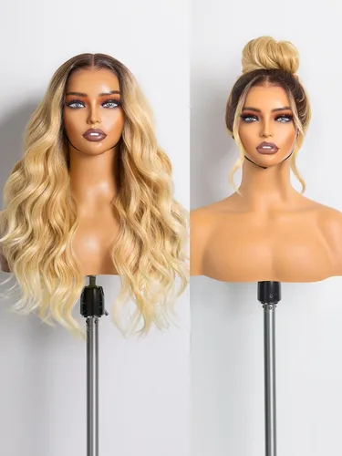 GORGIUS Peluca lacia sin pegamento Ombre rubia ondulada HD con encaje frontal transparente, lista para usar, prediseñado, elaborado con tecnología