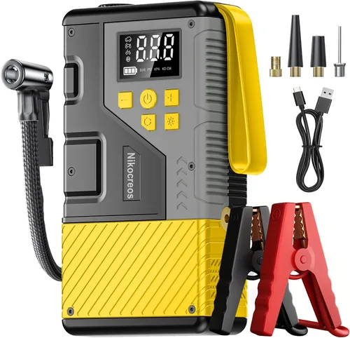 Arrancador portátil para auto con compresor de aire para emergencias, pico de 3000 A y 150 PSI máx., para motores de 12 L de gasolina y 10 L de