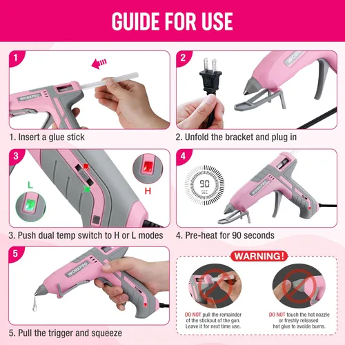 Miniatura 9 de WORKPRO Pistola de pegamento caliente de tamaño completo - 60/100W Pistola de pegamento de doble temperatura y juego de barras con 10 barras de Rosa