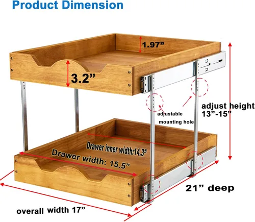 Miniatura 2 de DINDON Organizador de armario extraíble de 2 niveles (17 pulgadas de ancho x 21 pulgadas de profundidad) de madera y metal, cajón de madera