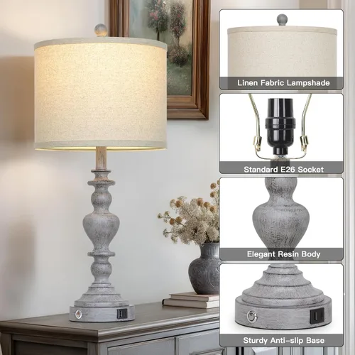 Miniatura 3 de 27" Tall Table Lamps for Living Room, 3-Way Dimmable Touch Control Farmhouse Vintage Table Lamps Set of 2 with USB C+A Ports and AC Outlets, Rustic