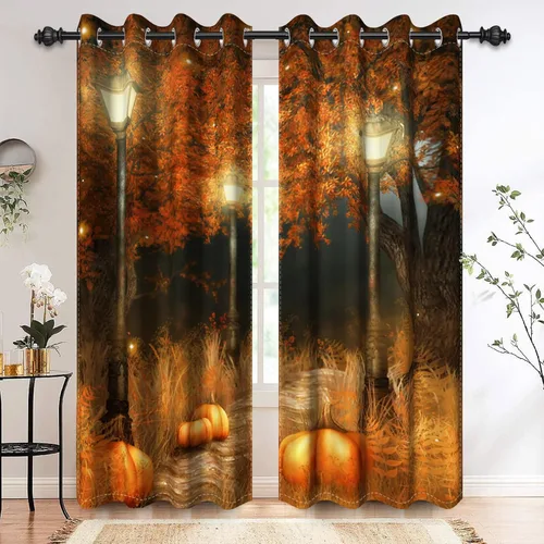 Renaiss Cortinas opacas de otoño con diseño de árboles naranjos con diseño de cosecha, paisaje de bosque, con ojales, cortinas para dormitorio,