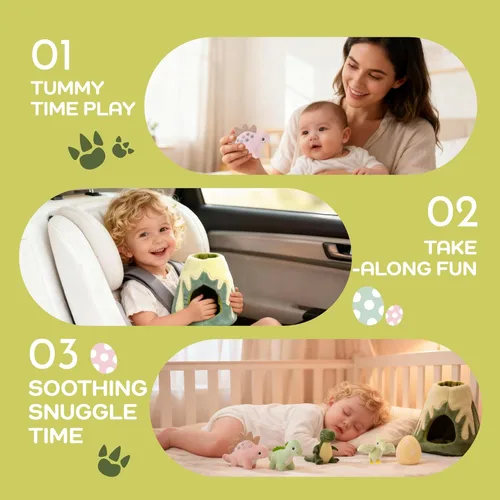 Miniatura 6 de Juguetes para bebés 6-12 meses – Mi pequeño volcán con 5 dinosaurios de peluche, juguete Montessori con sonajero, crujiente, silbato, juguetes