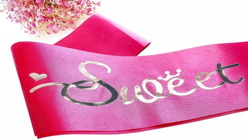 Miniatura 5 de Cinta de satén rosa intenso con letras plateadas, decoraciones de banda de cumpleaños 16, regalos para niñas, suministros de recuerdo de fiesta