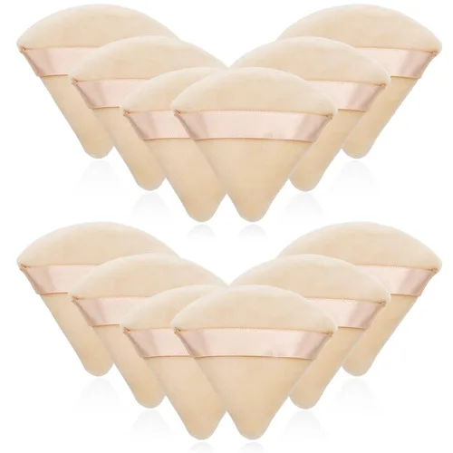 Miniatura 14 de 12 bolsas de polvo cosmético rosa, 2.76 pulgadas, portátil, suave, esponja, para la cara, soplo de terciopelo triangular con asa de cinta para polvo