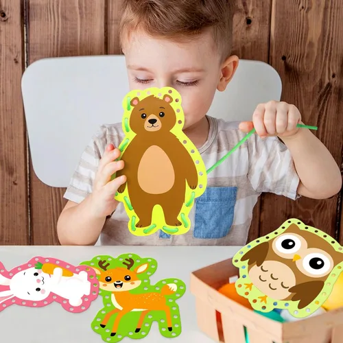 Miniatura 6 de Omlisca Tarjetas con cordones de animales del bosque para niños, paquete de 12 tarjetas de costura de animales del bosque, búho, zorro, oso, bosque