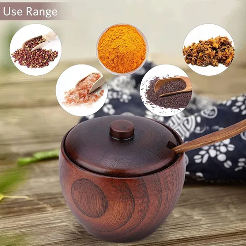 Miniatura 6 de Caja de sal de madera maciza para condimentos, contenedor de almacenamiento con cuchara y tapa, azucarero de cocina redondo para especias para sal