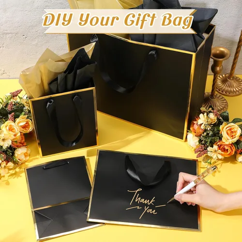 Miniatura 4 de Yeaqee 12 bolsas de regalo de papel metálico con asa, tamaño surtido, incluye 8, 10, 13 pulgadas, bolsa de regalo de agradecimiento de 5 sentidos