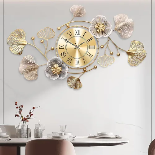 Miniatura 12 de Relojes para sala de estar, reloj de pared grande, reloj de pared silencioso 3D, diseño retro de hoja de ginkgo de metal, para dormitorio, cocina