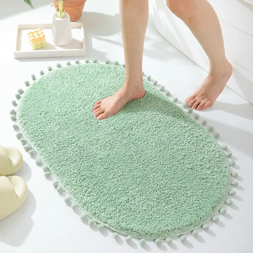 Miniatura 15 de YIRDDEO - Alfombra de baño verde oliva con pompones para baño, antideslizante, linda alfombra de baño boho con pompones ovalados absorbentes