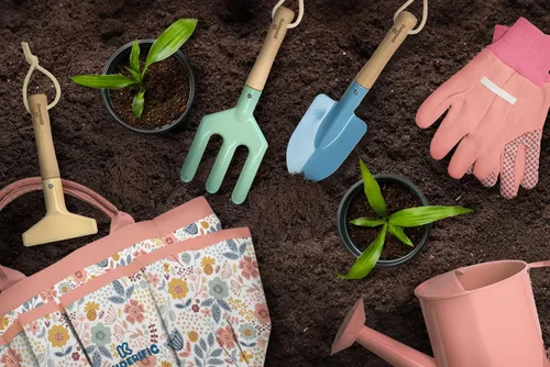 Miniatura 6 de Juego de jardinería, kit de herramientas, para niños, STEM, incluye bolsa de mano, pala, regadera, rastrillo, tenedor, paleta y guantes (Petal)