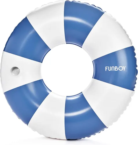 FUNBOY Flotador inflable gigante de rayas azules con soporte para tazas, tubo interior de 48 pulgadas para adultos, tumbona de piscina