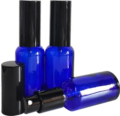 Miniatura 2 de Paquete de 12 botellas de vidrio azul de 1 onza para aceites esenciales, botella pequeña de espray de niebla fina, recargable para perfumes, viajes