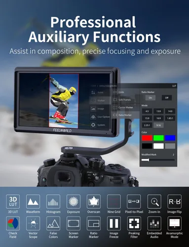Miniatura 5 de FEELWORLD S55E - Monitor DSLR de campo de cámara de 5.5 pulgadas, 500nit, salida de entrada HDMI 4K, forma de onda 3D LUT HDR enfoque preciso