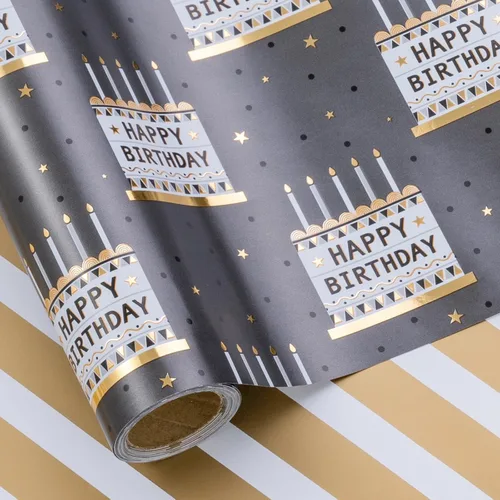LeZakaa Rollo de papel de regalo reversible de cumpleaños para niños y hombres, letras de feliz cumpleaños, pastel de cumpleaños con lámina metálica