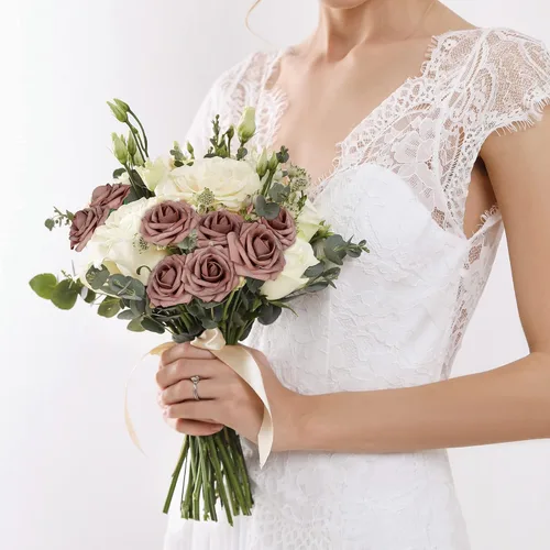 Miniatura 7 de Mocoosy 50 rosas artificiales, rosas polvorientas para decoraciones, rosas falsas de espuma de tacto real a granel con tallos, ramos de boda, Rosa