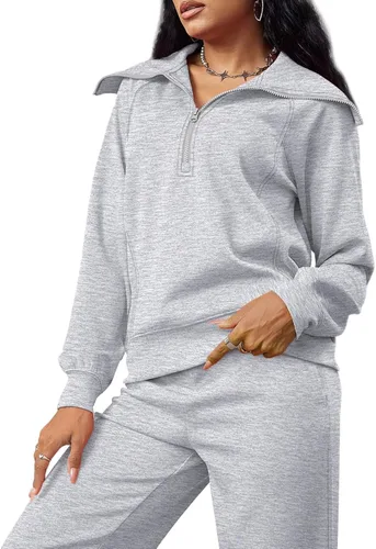 Miniatura 5 de XIEERDUO Conjuntos de descanso para mujer 2023 sudadera de gran tamaño con media cremallera y pantalón deportivo de pierna ancha de 2 piezas