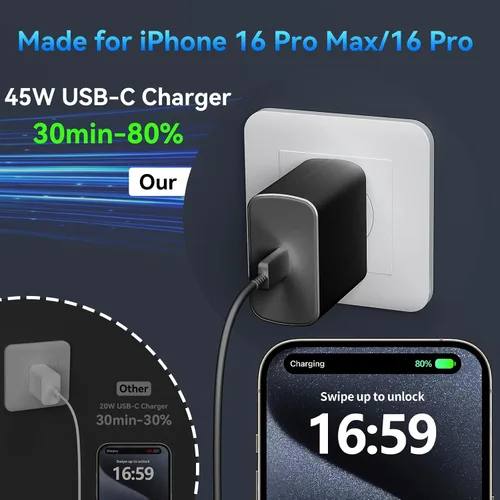 Miniatura 4 de Cargador para teléfono 17 16 Pro Max de carga rápida, bloque de carga USB C súper rápido de 45 W con cable de carga de 10 pies de largo para 17 16