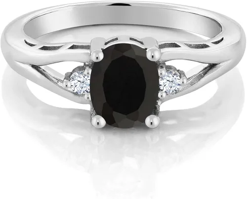 Gem Stone King Anillo de compromiso de plata de ley 925 con ónix negro para mujer (1.31 quilates, ovalado de 0.315 x 0.236in, piedra natal de