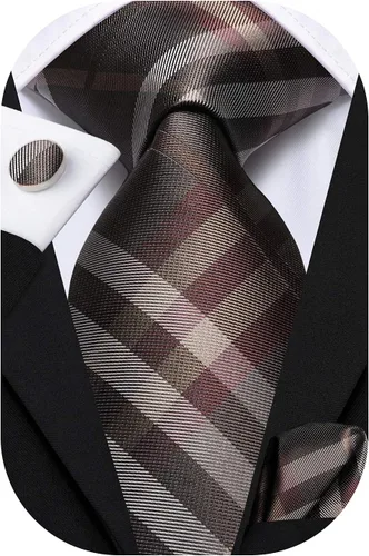 Miniatura 332 de Hi-Tie Corbata clásica de cachemira para hombre con pañuelo y gemelos a cuadros