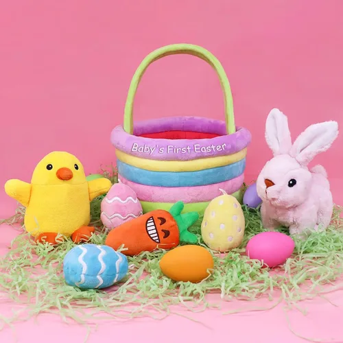 Miniatura 5 de Primer juego personalizado de relleno de cesta de Pascua para bebé, 7 unidades, conejito de peluche de huevo, zanahoria para bebés, niñas, niños