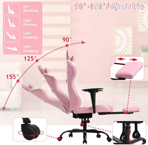 Miniatura 6 de Silla de oficina para videojuegos, silla de ordenador de respaldo alto, ergonómica para PC con soporte lumbar y reposapiés retráctil, de piel