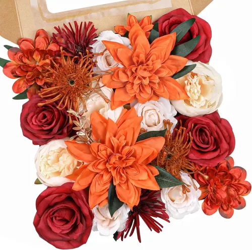 AmyHomie Combo de flores artificiales naranjas, mezcla de seda, peonía, rosa, hortensia, flores falsas con tallo para ramos de boda, centros de