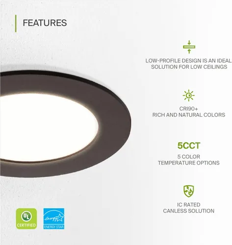 Miniatura 3 de ASD Paquete de 6 luces LED empotrables de 4 pulgadas, 12 W, 5 CCT 2700K-5000K CRI90+, luces de techo regulables ultrafinas con clasificación IC