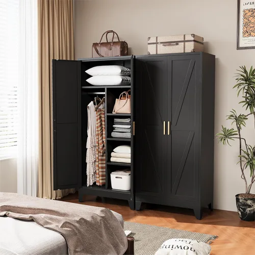 Miniatura 12 de COFaR Armario moderno de metal negro, armario de acero de 71 pulgadas de alto con cajón, barra para colgar y estante ajustable, armario